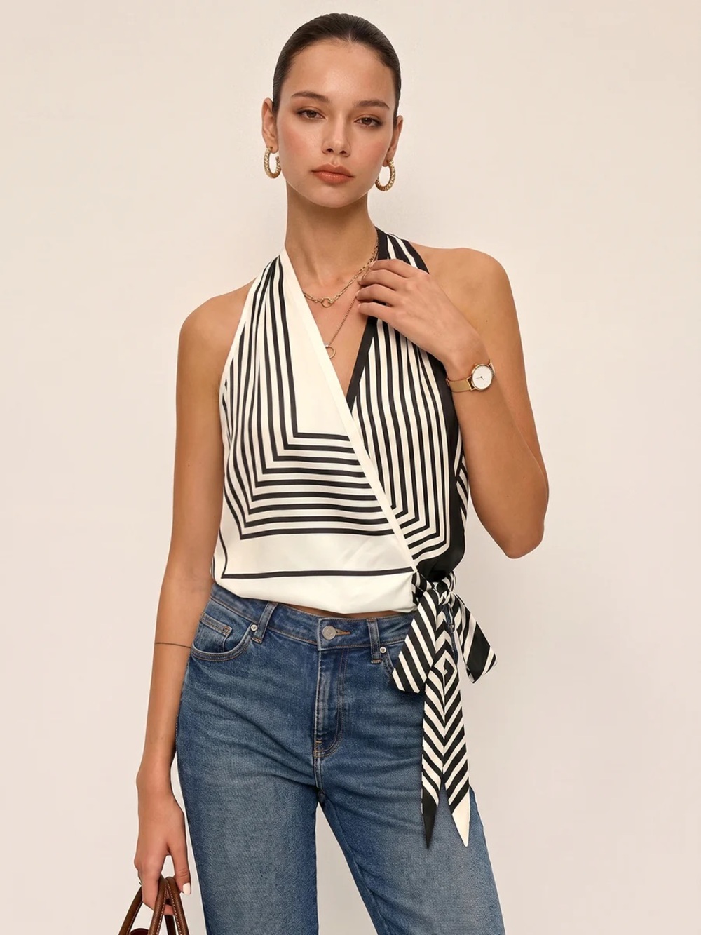 Commense Geometric Stripe Halter Wrap Tie Satin Top